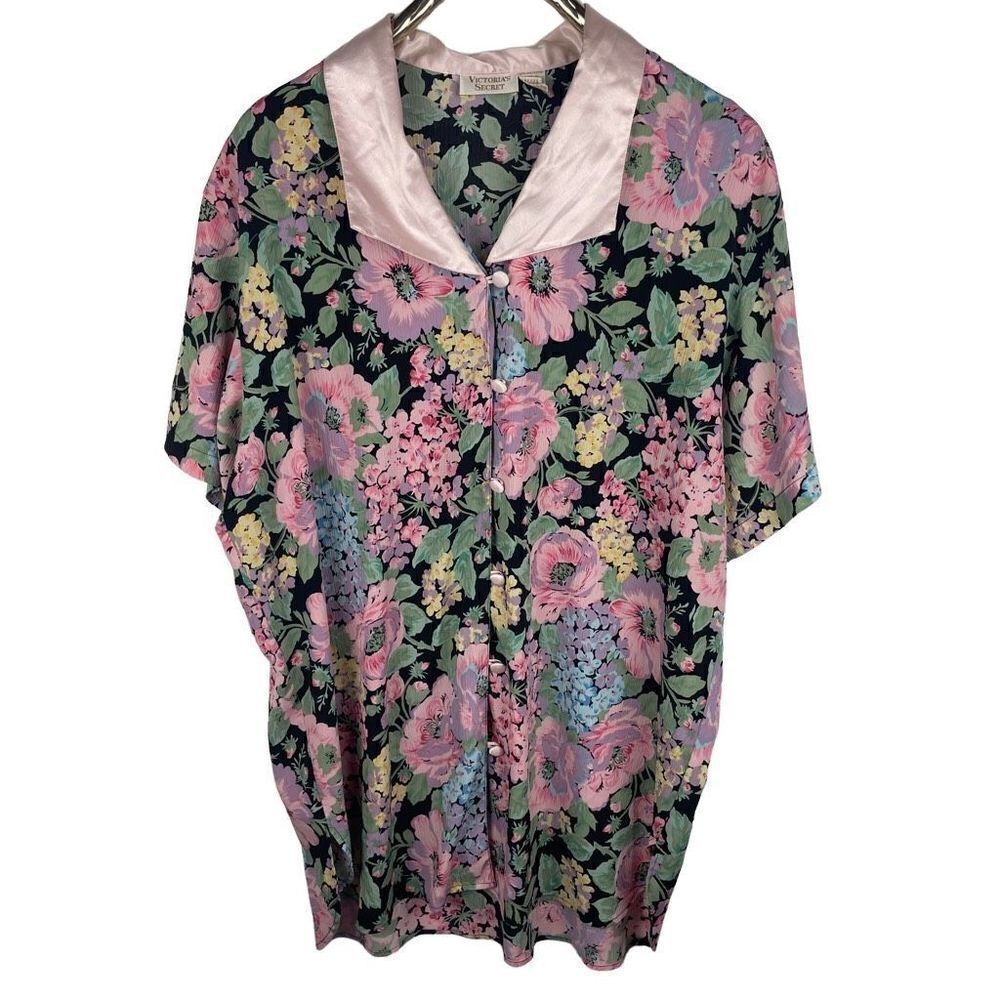 Vintage Victoria's Secret Gold Label Black Pink Floral Leaves Nightgown Size M/L